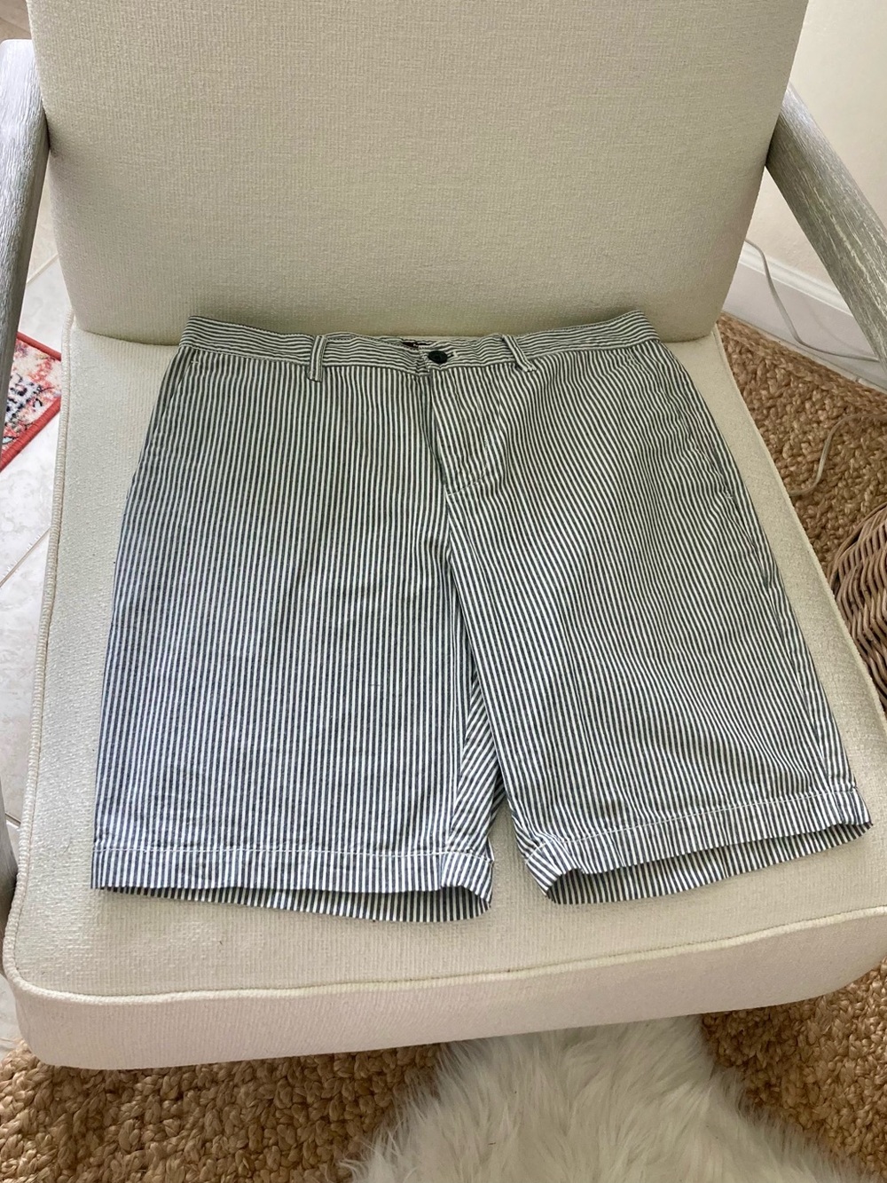 Michael Kors Navy and White Striped Flat-Front Shorts